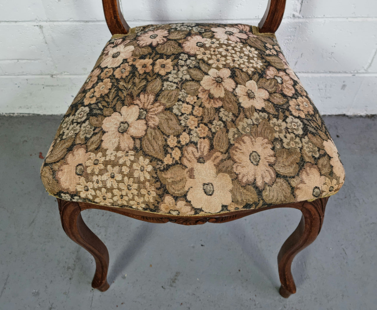 Antique French Walnut Petite Ladies Chair Tapestry Upholstery