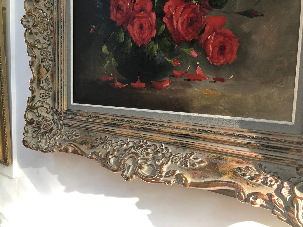 Lovely French oil on canvas of red roses in a beautiful ornate frame. In good original detailed condition.