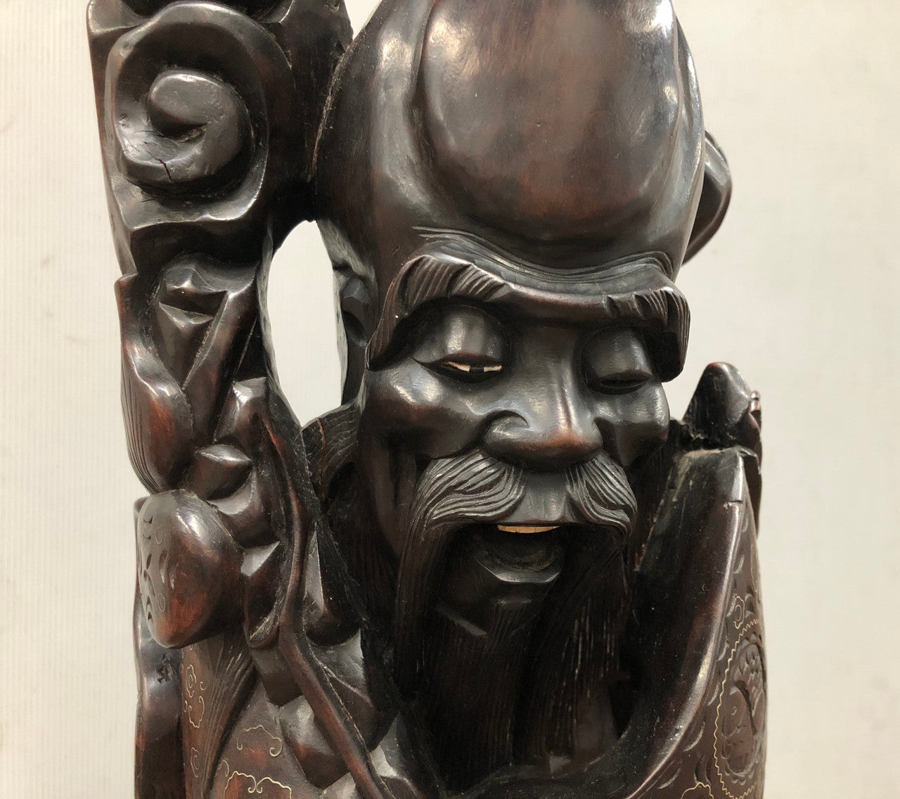 Antique Chinese hand carved Rosewood Immortal "Shou Xing" God of longevity lamp base. Profusely inlaid with brass cloisons. Meiji period Circa 1880.