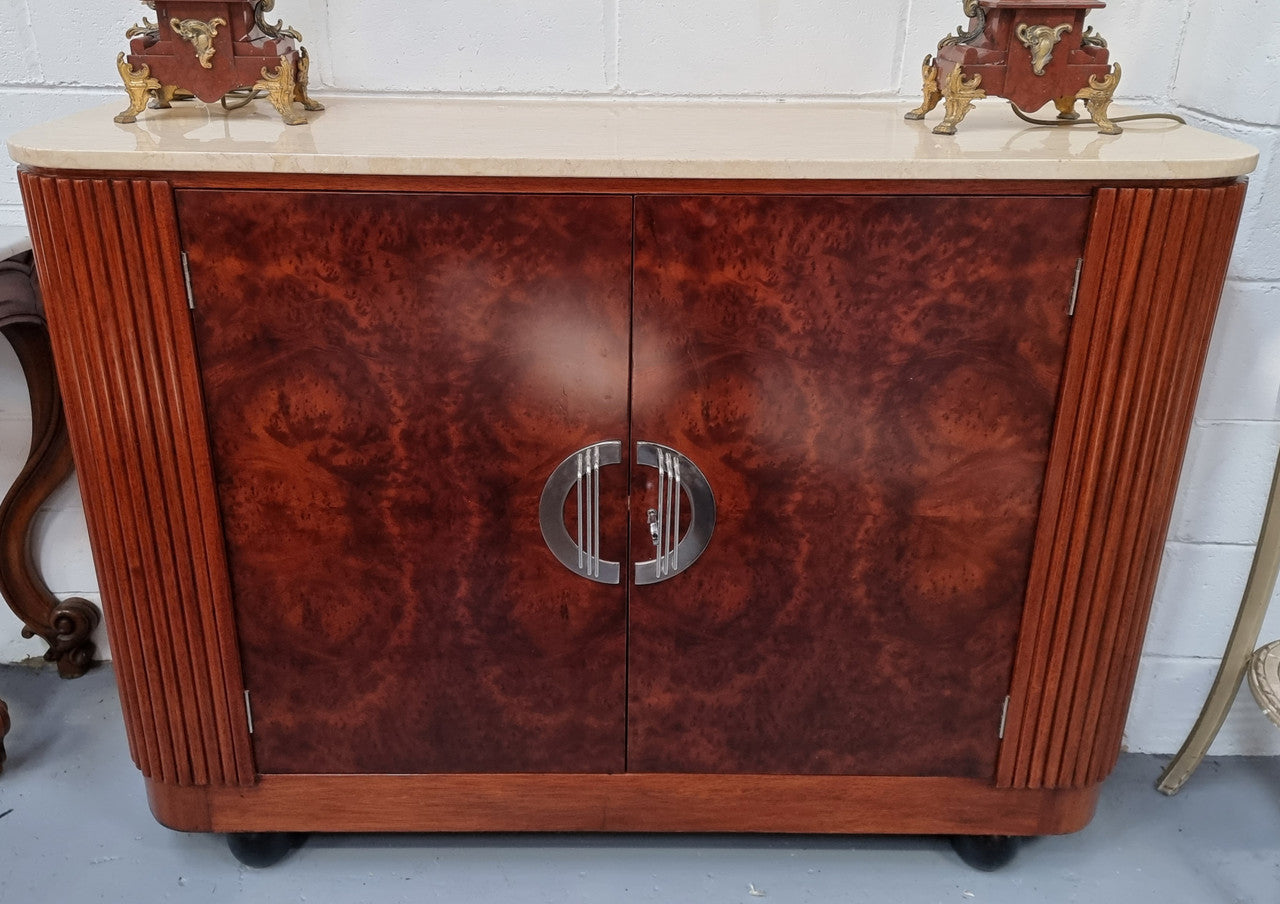 Beautiful Bespoke Art Deco style Walnut and Mahogany marble top buffet. In good original detailed condition.