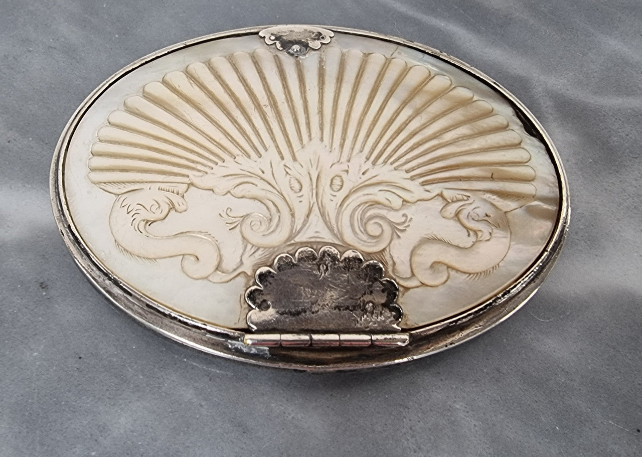 Stunning Oval Georgian Silver & Carved Mother of Peral Snuff Box