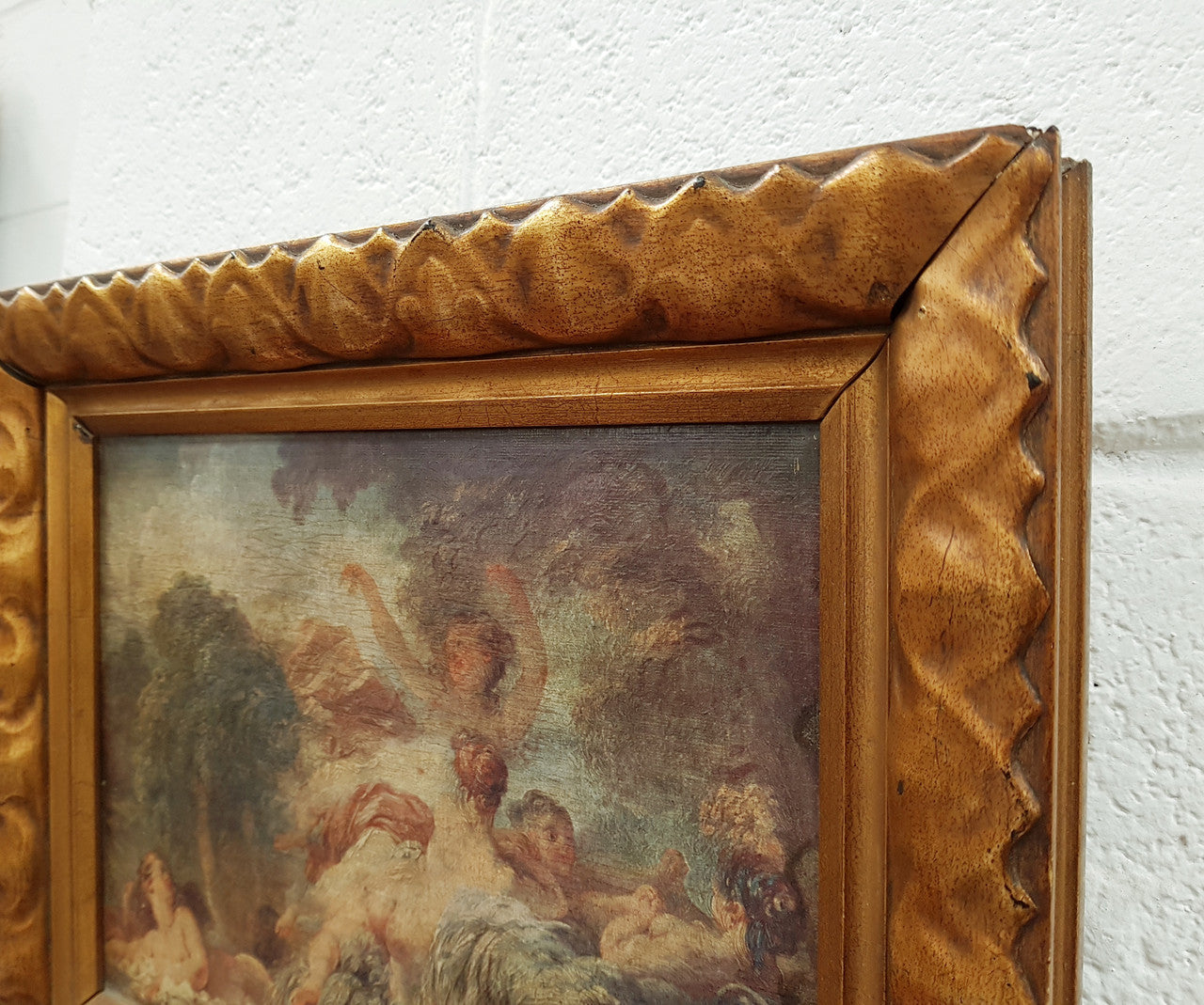 Antique Oleograph Of Romantic Scene In Original Gilt Frame