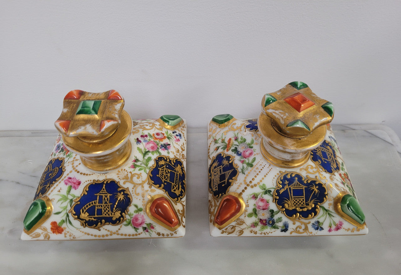 Rare Pair of Cushion Shaped Old Paris Porcelain Scent Bottles