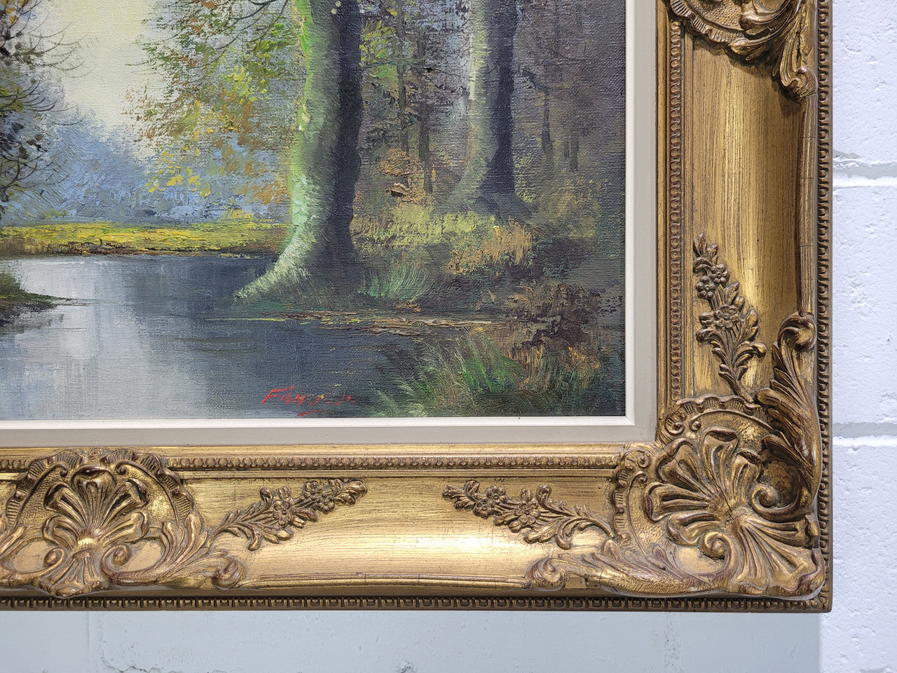 Stunning large French oil on canvas painting depicting river landscape. Signed by “Franks”. In good original gilt frame.