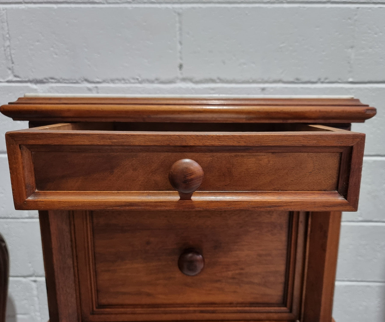 French Walnut Henry II Style Bedside Cabinet With White Marble Top
