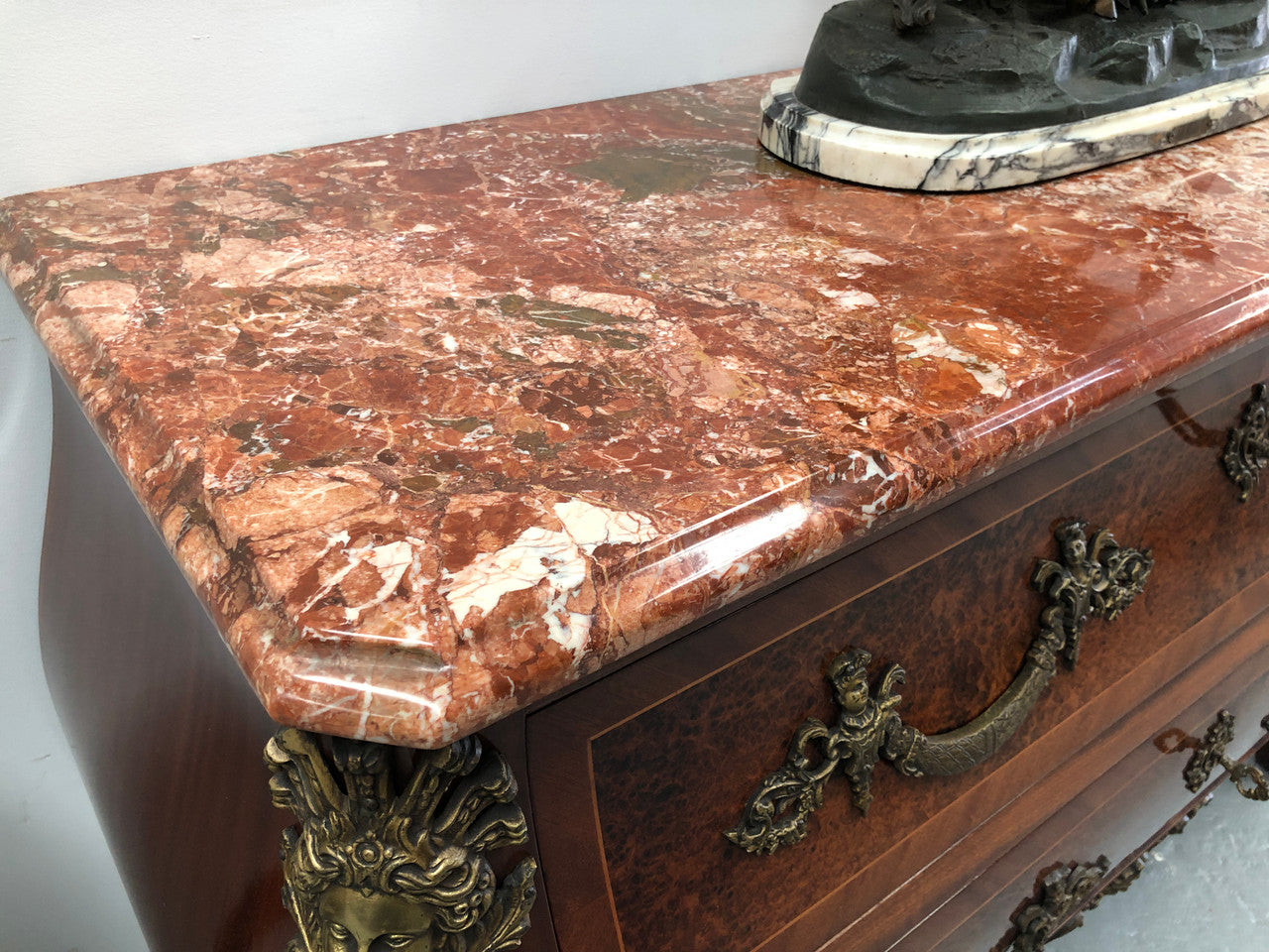 Grande French Louis XIV th style Amboyna and walnut two drawer marble top commode ,with amazing detailed ormolu mounts, and sienna colour marble top. In good original detailed condition.