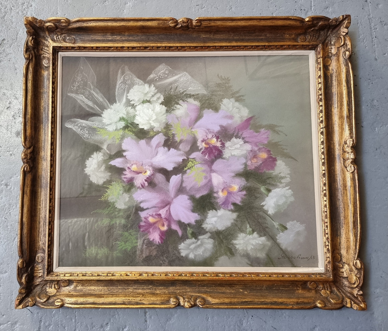 Beautifully framed French pastel painting of Irises, signed by "Gabriel Deschamps". In good original condition.