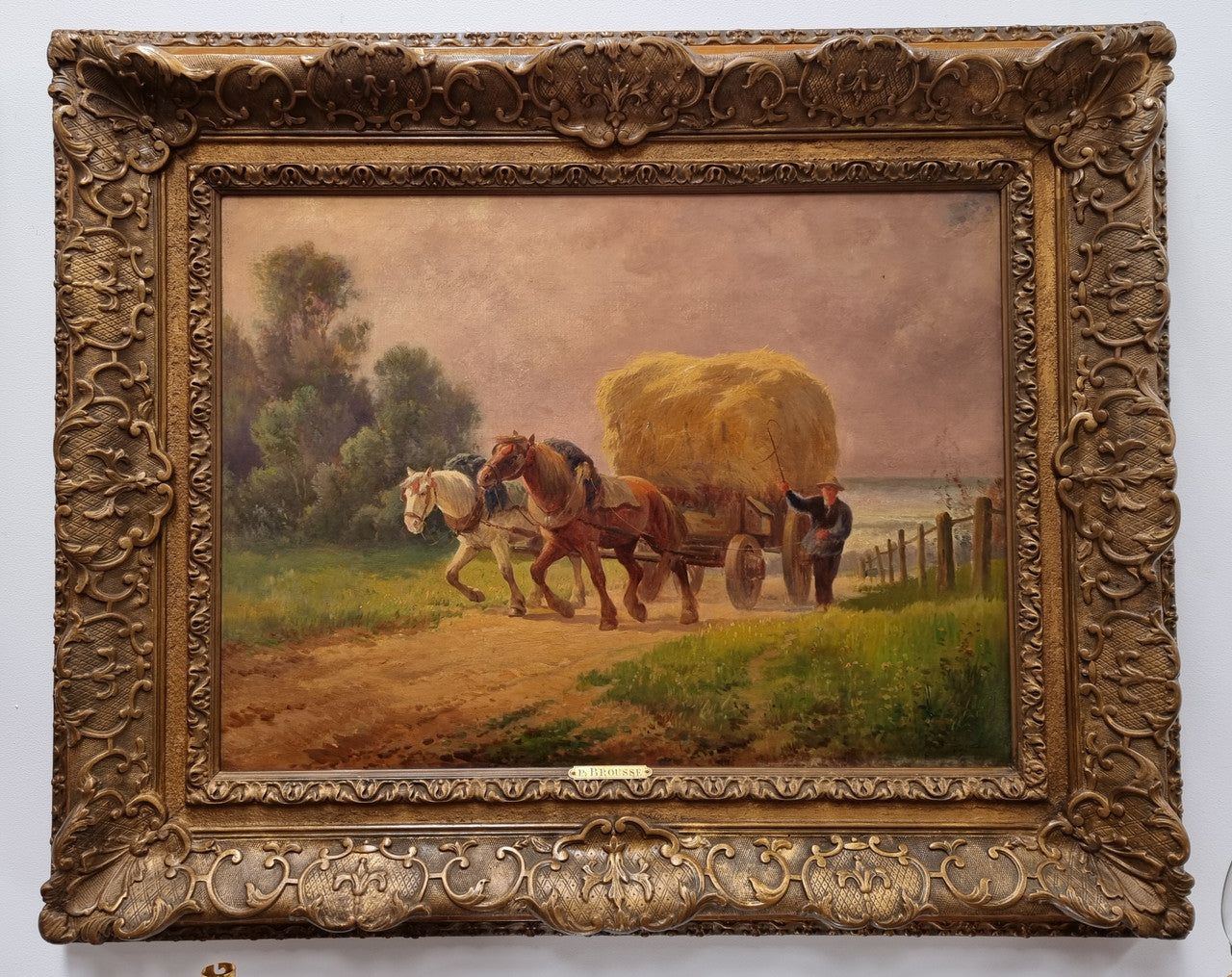 Amazing French impressionist oil on canvas of draft horses which is signed and in a lovely ornate frame. In very good original condition.