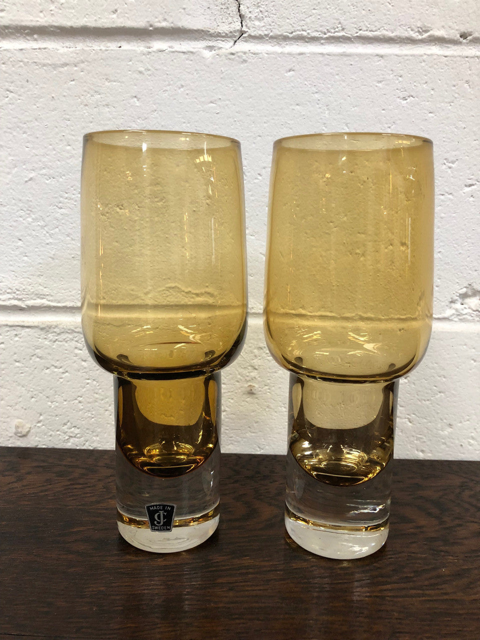 Pair Of Retro Made In Sweden Amber Glass Vases