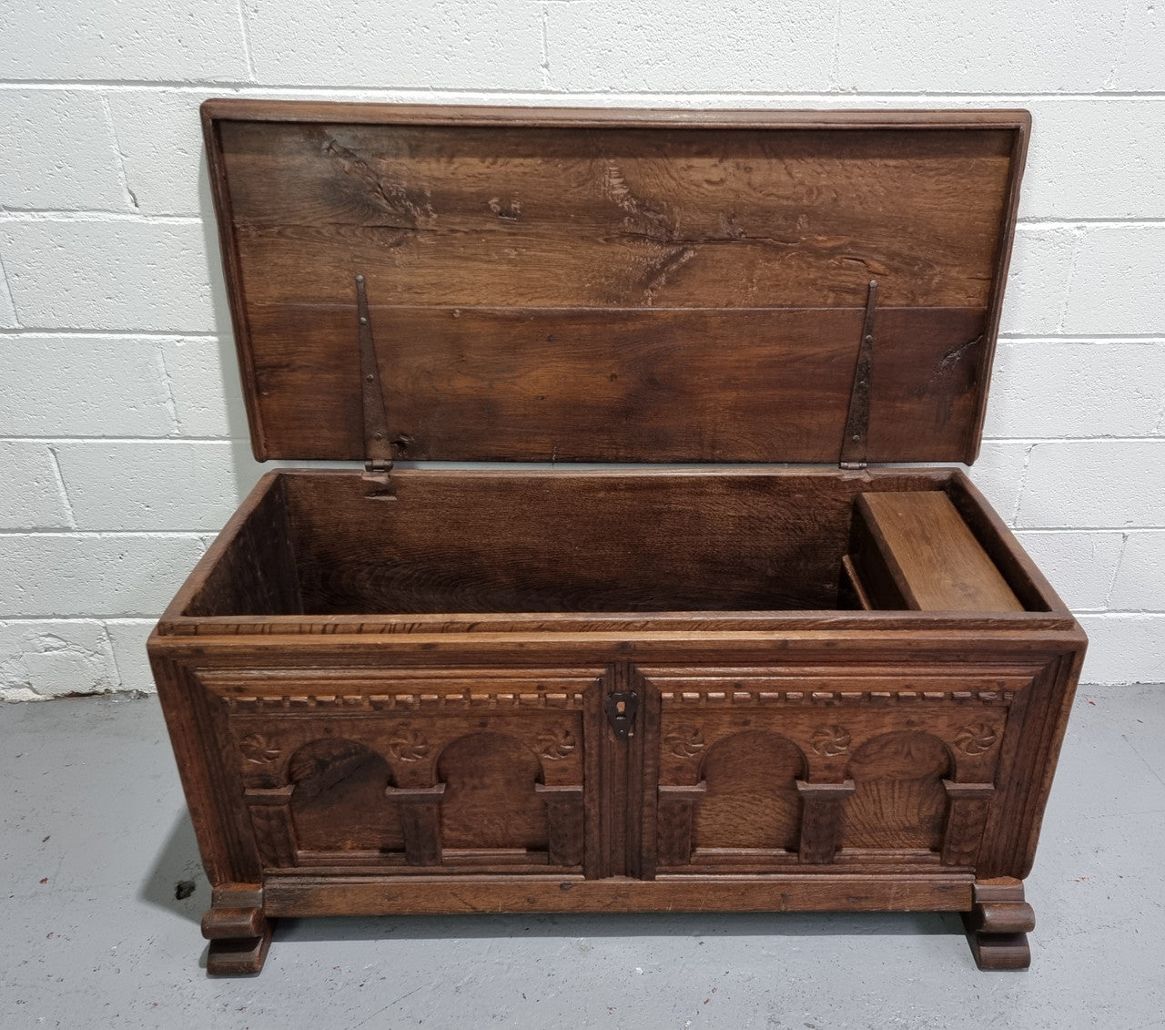 Fabulous carved French oak Antique Coffer / Chest with a lift up lid and loads of beautiful character in good original detailed condition.