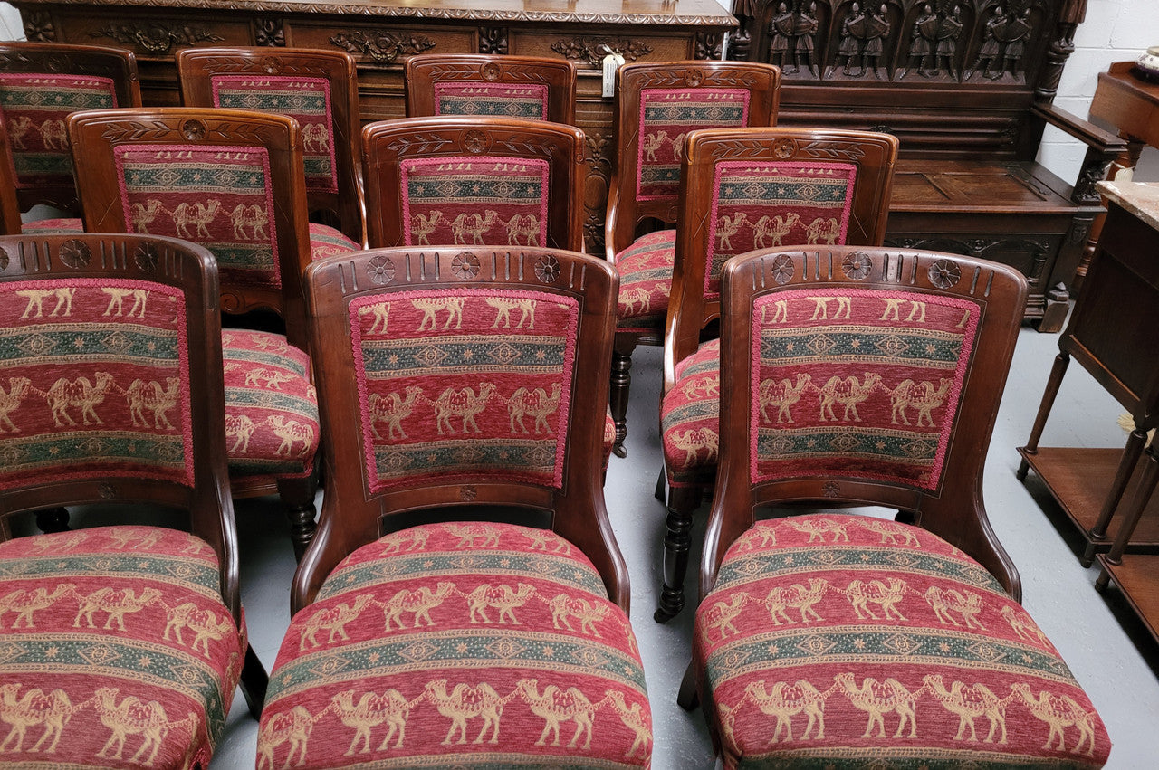 Matched Set of 12 Victorian Mahogany bow back very comfortable dining chairs. Set of eight and four chairs with upholstery all in good used condition.
