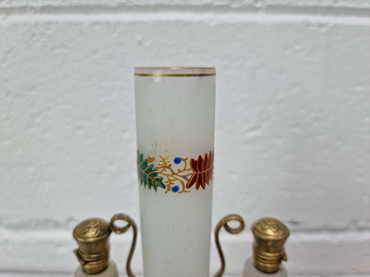 French 19th century perfume set in a gilt metal stand. Opaline glass beautifully hand painted and is in good original condition, please view photos as they help form part of the description.