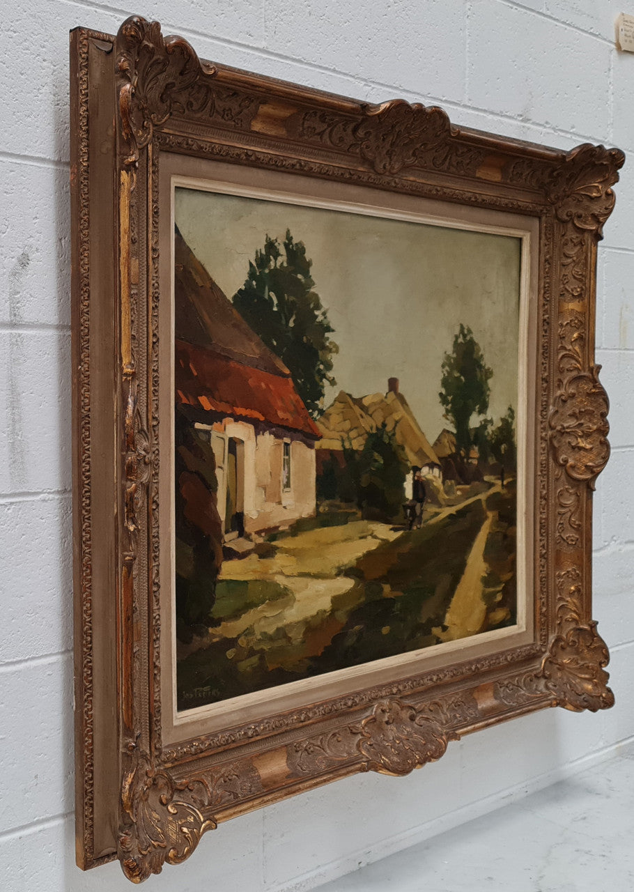 Sourced in France is this beautiful oil on canvas of a country cottage scene in a ornate decorative frame and in good original condition.