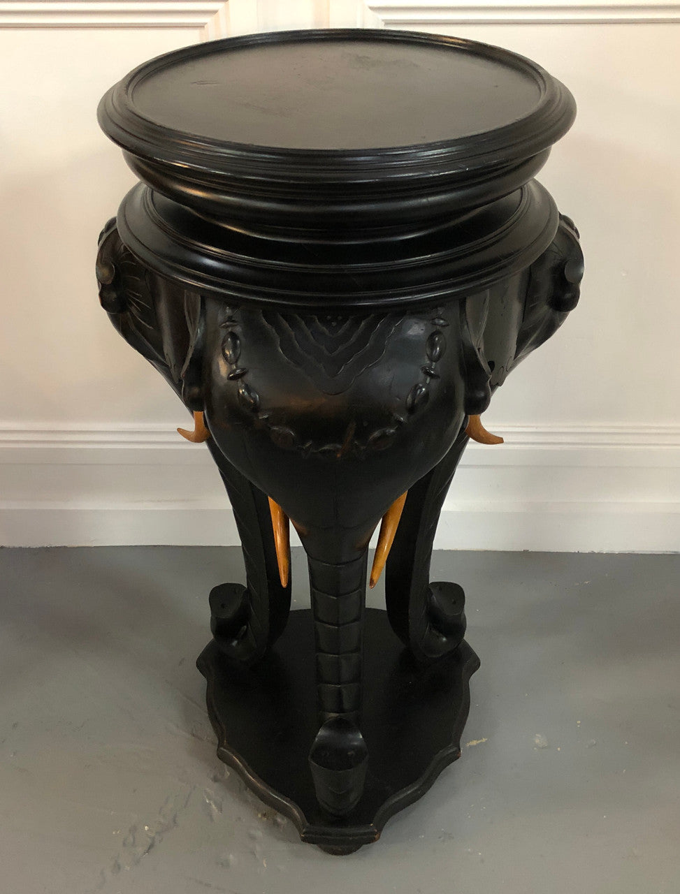 Fabulous French ebonized Elephant pedestal /plant stand with lovely carved detail and in good original detailed condition.