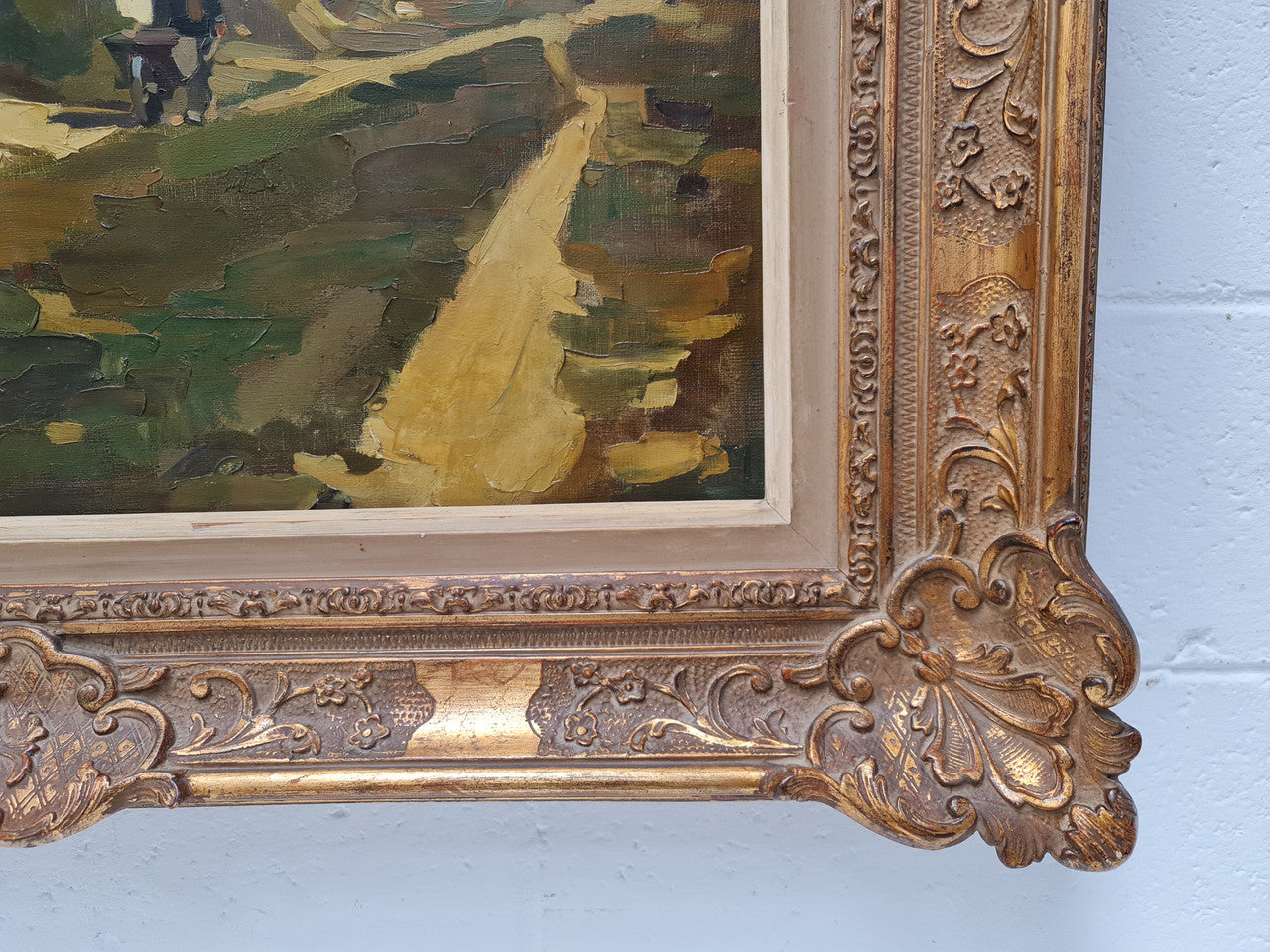 Sourced in France is this beautiful oil on canvas of a country cottage scene in a ornate decorative frame and in good original condition.
