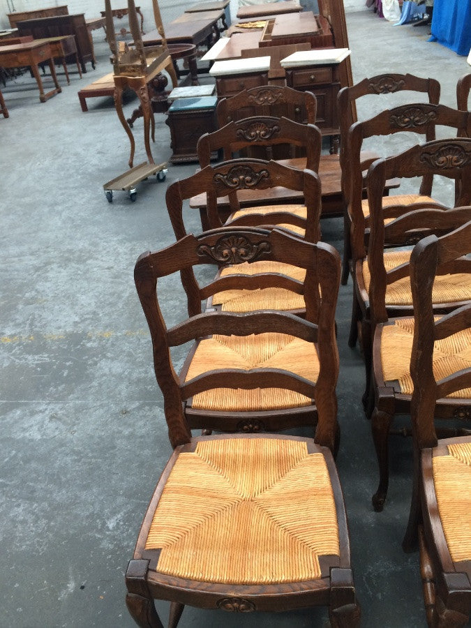 Set 12 Carved French Oak Rush Seat Dining Chairs