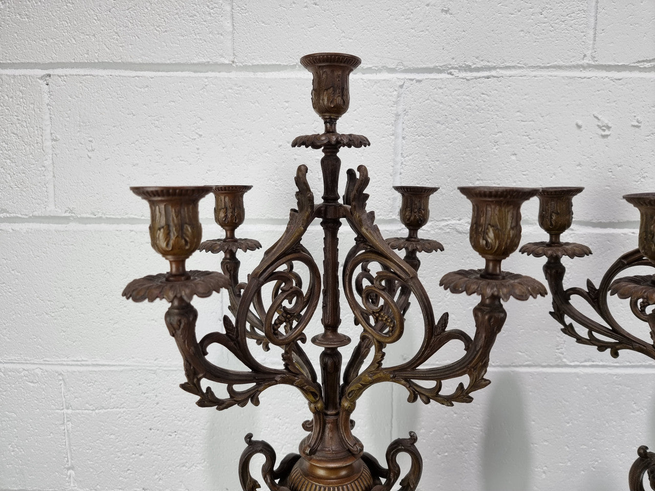 Pair of decorative Antique French spelter and marble candelabras. in very good original detailed condition.