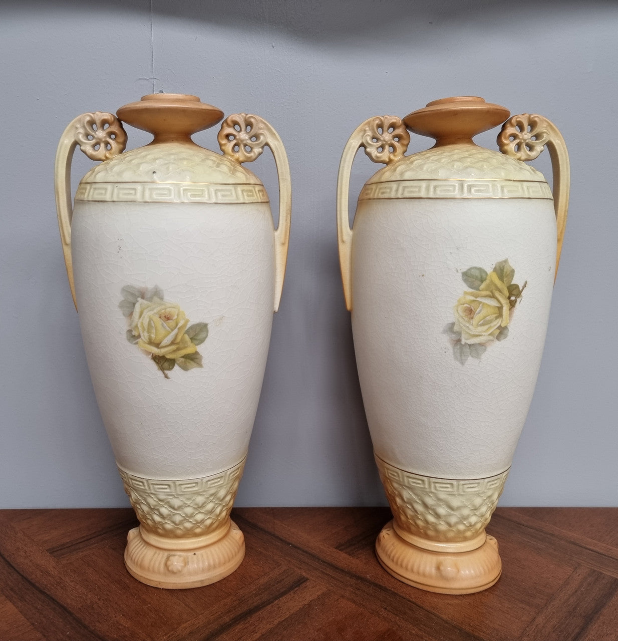 Lovely pair of Edwardian floral vases from Austria with beautiful roses on them in good original condition. Some crazing throughout please view photos as they help form past of the description.