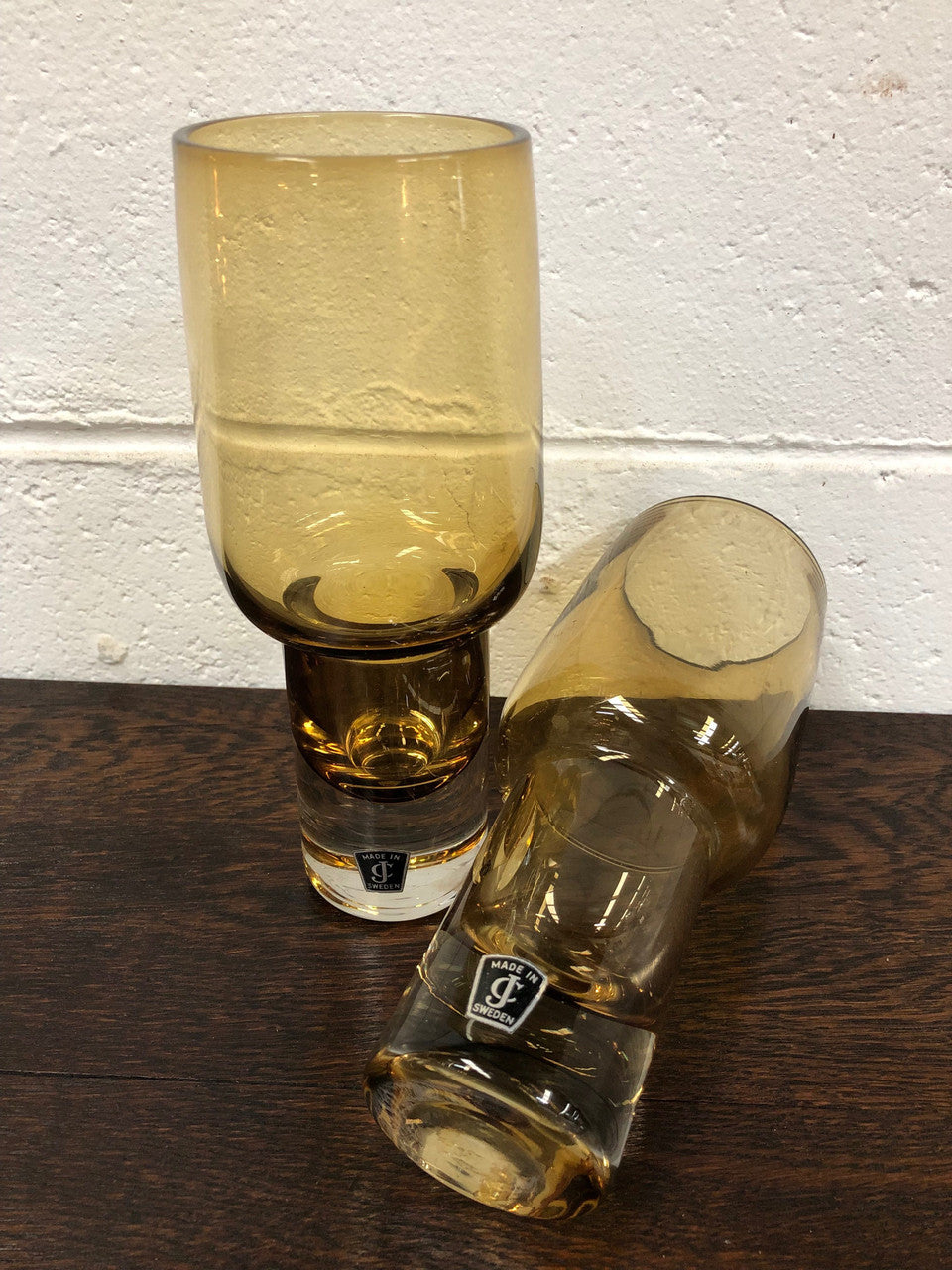 Pair Of Retro Made In Sweden Amber Glass Vases
