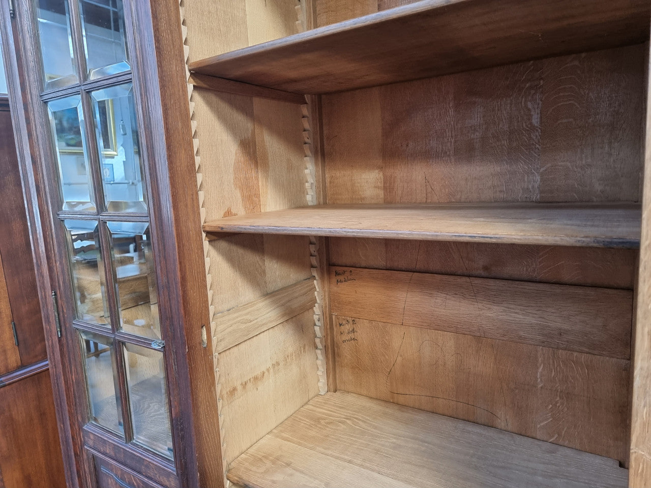 Late 19th Century French Oak three door bookcase. It has fully adjustable shelfs and is in good original detailed condition.