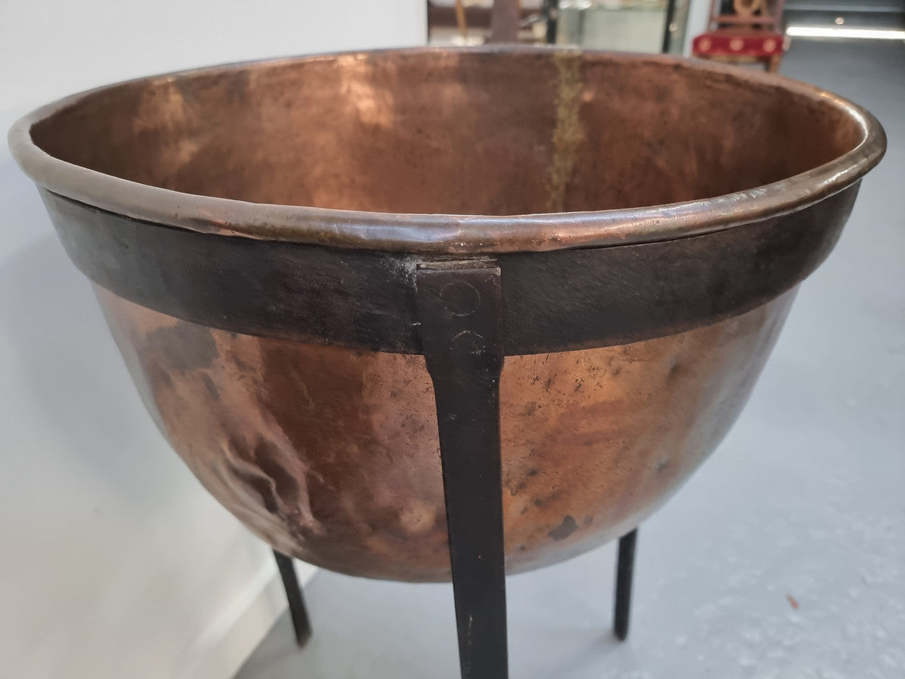 Fabulous Antique French copper pot on a solid iron stand in good original detailed condition. see photo for full description of condition.