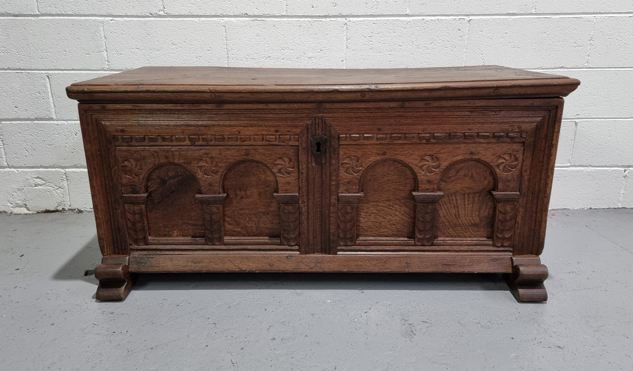 Fabulous carved French oak Antique Coffer / Chest with a lift up lid and loads of beautiful character in good original detailed condition.