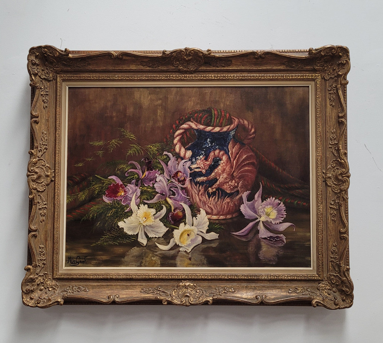 Stunning oil on canvas still life of flowers and vase painting in gilt frame. Sourced in France and signed by Belgium artist M.Degreef. It is in good original detailed condition.