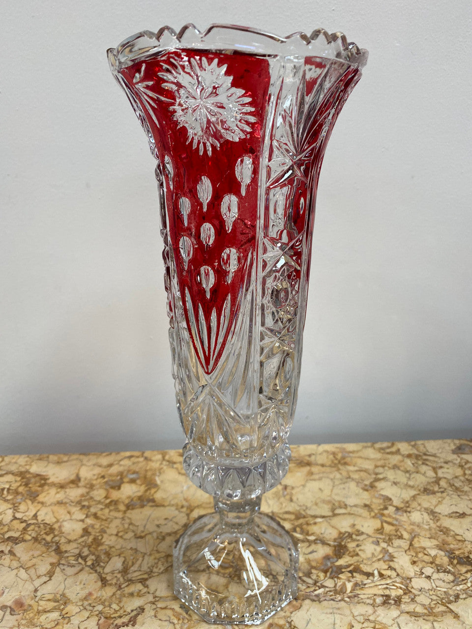 Vintage flash ruby crystal vase with some losses to ruby flashing.