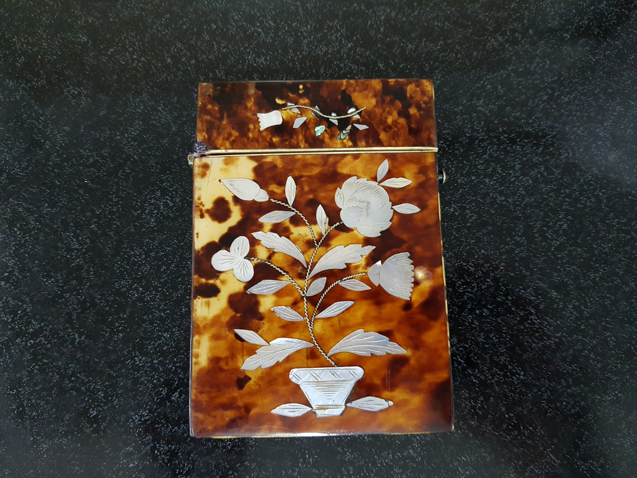 Victorian Tortoiseshell Card Case Inlaid With Floral Panels of Mother Of Pearl