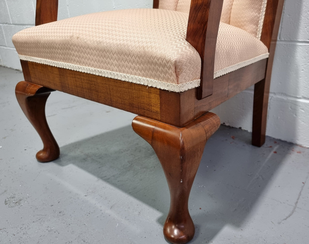 Australian Fiddleback Blackwood upholstered armchair with queen anne legs. In good original condition.