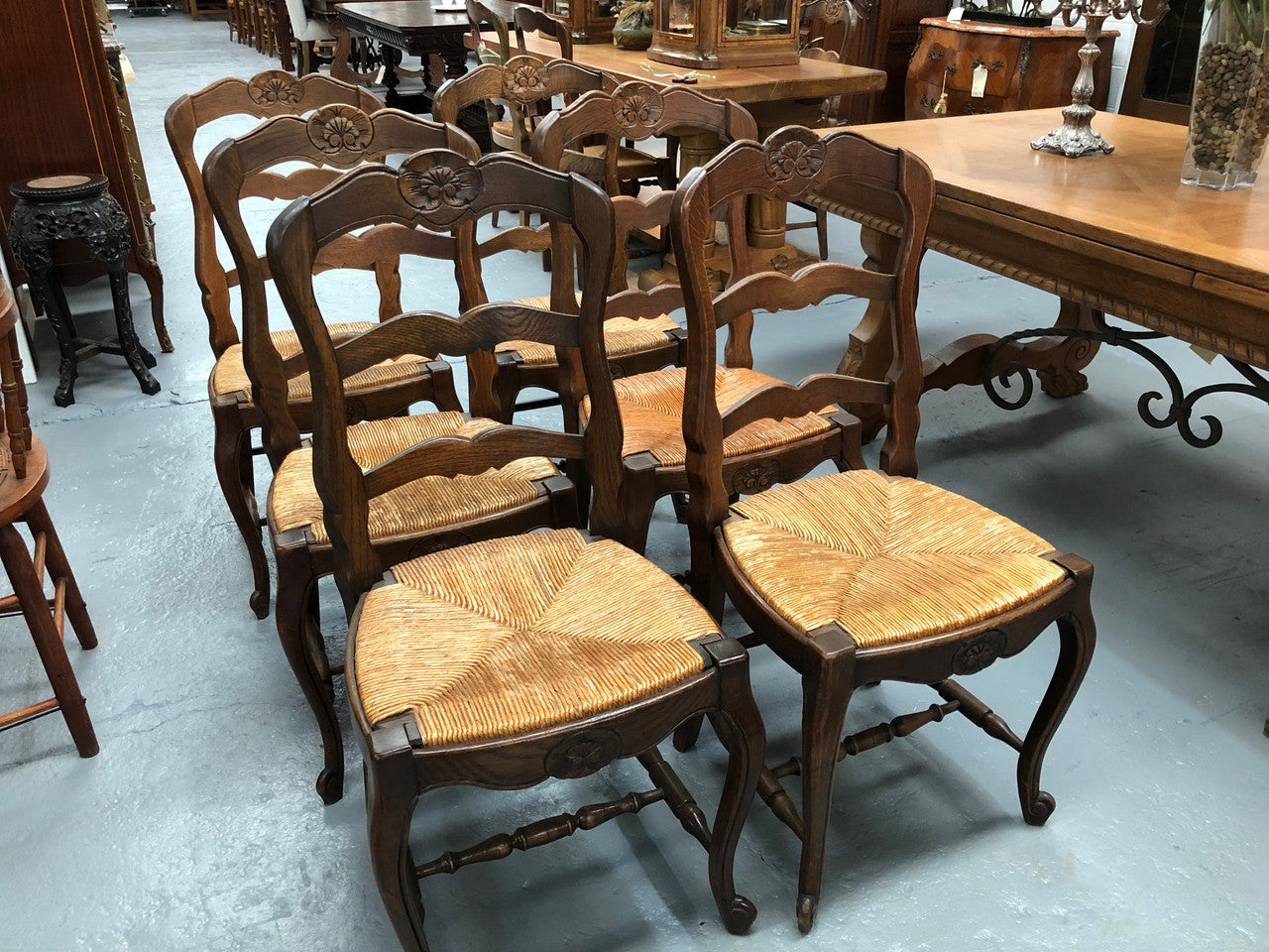 Lovely Set Of Six French Oak Rush Seat Dining Chairs