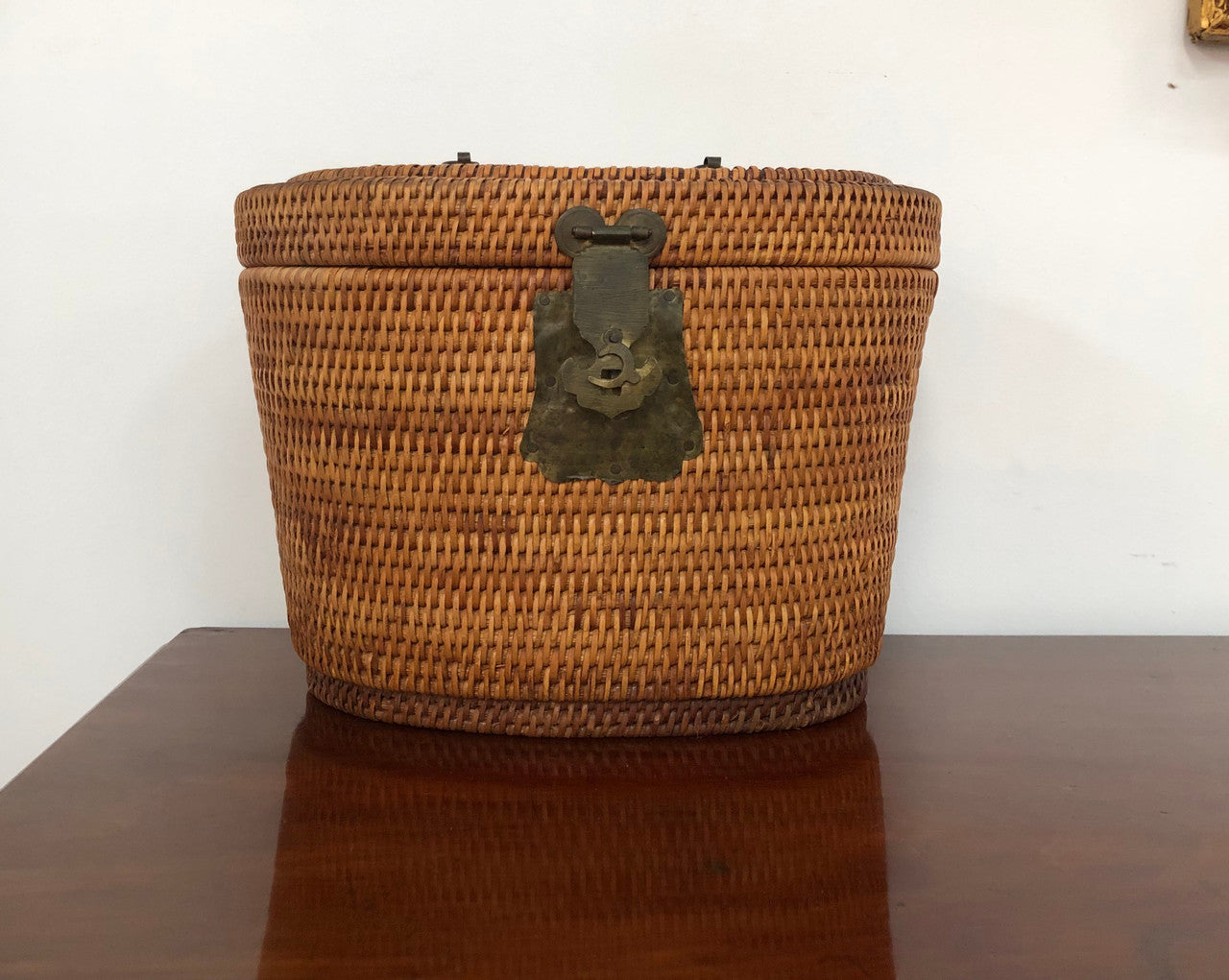 Beautiful Antique Cane Basket With Metal Handles & Latch