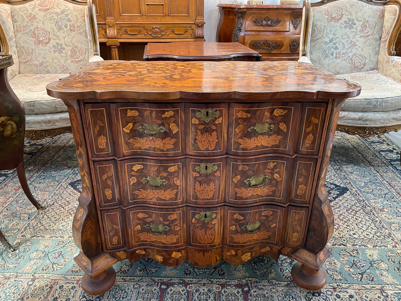 Very Fine highly decorative 18th century Dutch 3 drawer commode. It retains its original brass hardware and Escutcheons. In very good original detailed condition.