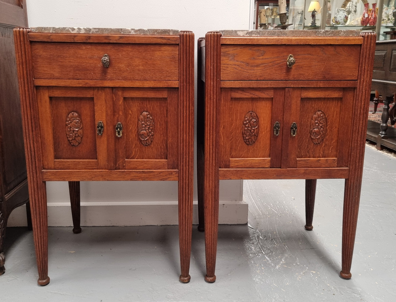 Pair French Louis 16th Style Oak Marble Top Bedsides
