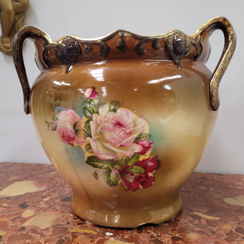 Pretty Antique three handled floral jardinière. Please note that it is being sold in as found condition, please view photos as they help form part of the description.