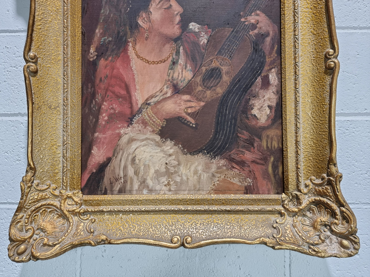 Stunning signed French oil on canvas of "The Serenade". In original gilt frame and is in good original condition.