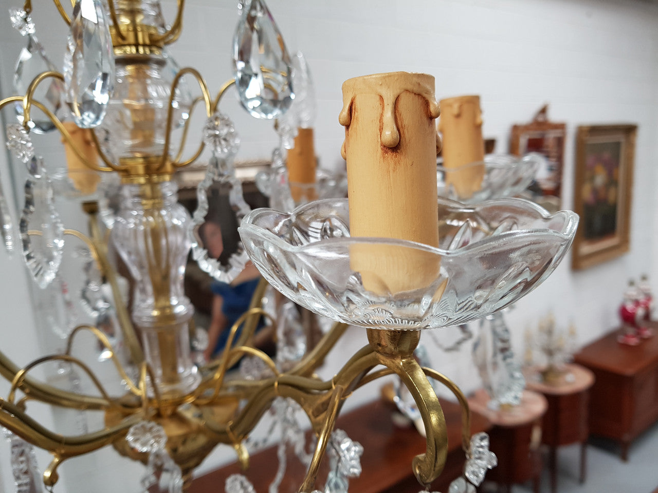 French Brass & Crystal Six Arm Candle Light Chandelier