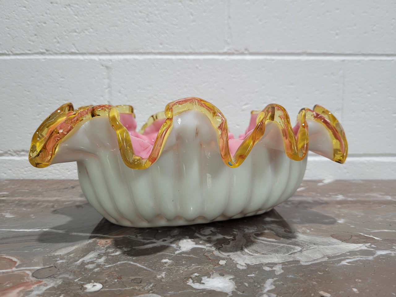 Edwardian American large white/pink cased glass and yellow ruffled edged bowl. In good original condition with no chips.