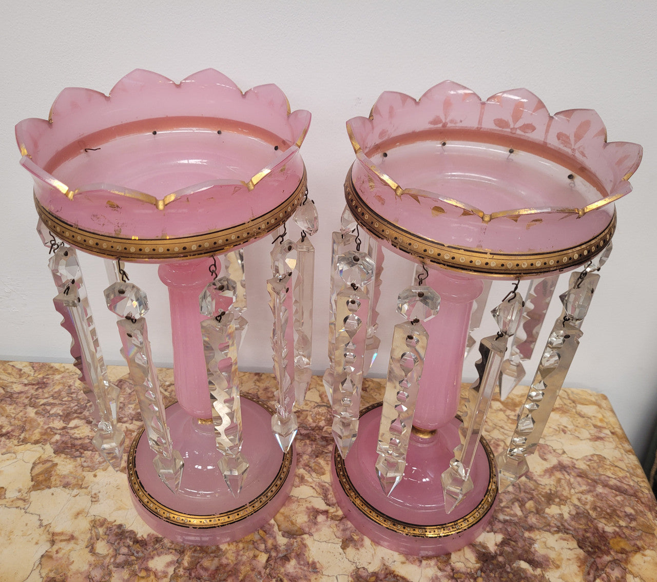 Large Victorian pink glass an gilt trim crystals lusters. It is in good original condition, please view photos as they help form part of the description.