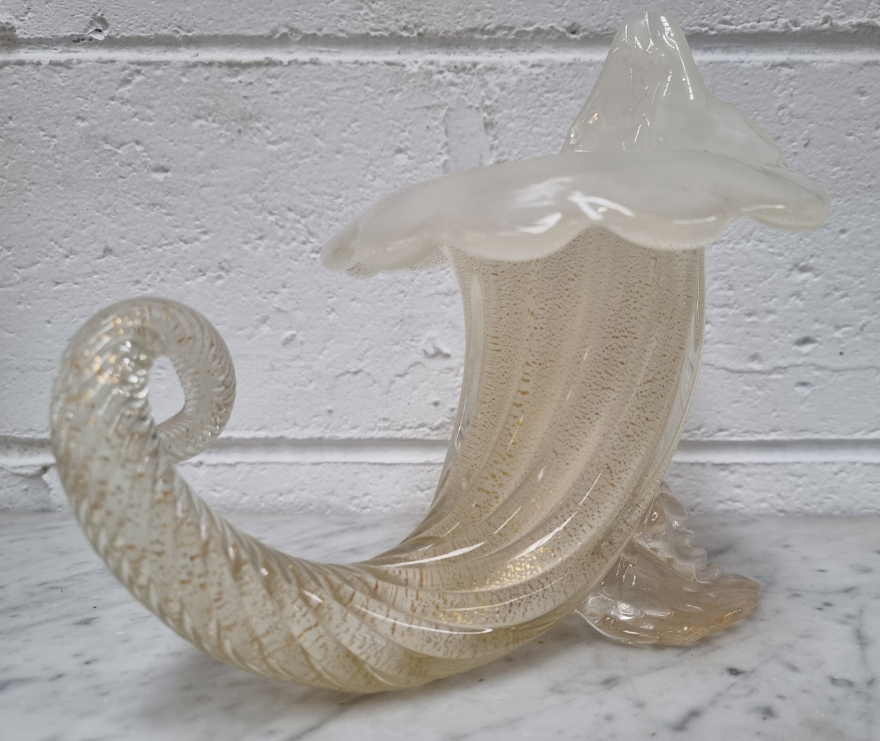 Large Vintage Murano white with adventuring glass cornucopia.