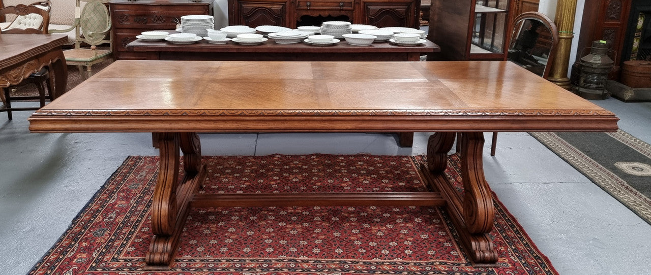 Beautiful Spanish style Oak dining table with a lovely carved border. Sourced in France and in good original detailed condition.