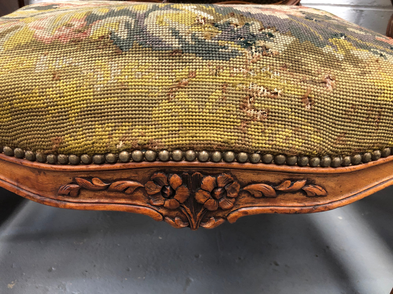 Pair of French Walnut Tapestry covered armchairs. They are in good original detailed condition. Slight wear and tear to fabric but still in good condition please view photos.