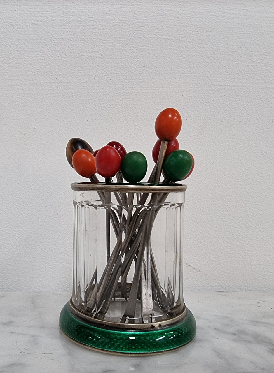 Rare French Silver, enamel and glass forks holder with 12 forks in good original condition, please view photos as they help form part of the description.