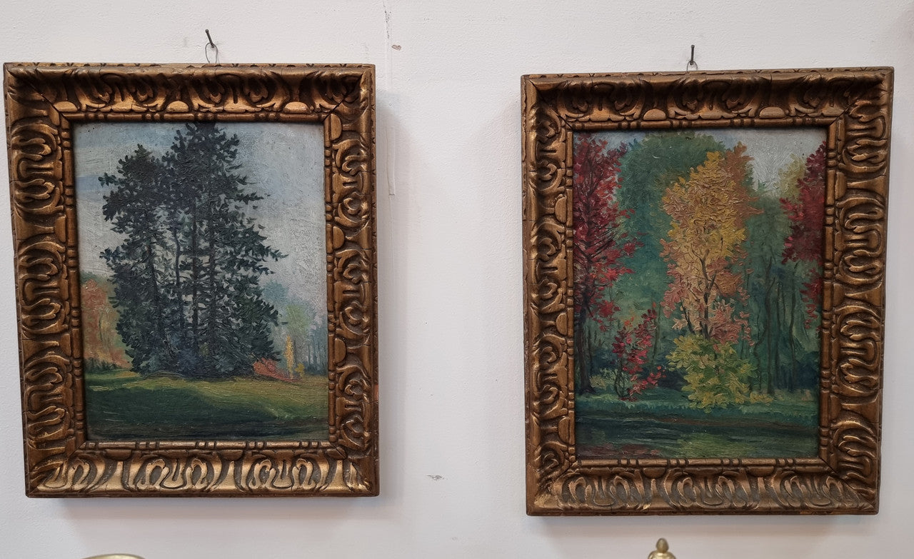 Pair of gilt framed French impressionist oil on board paintings. In good original condition. Circa 1920.
