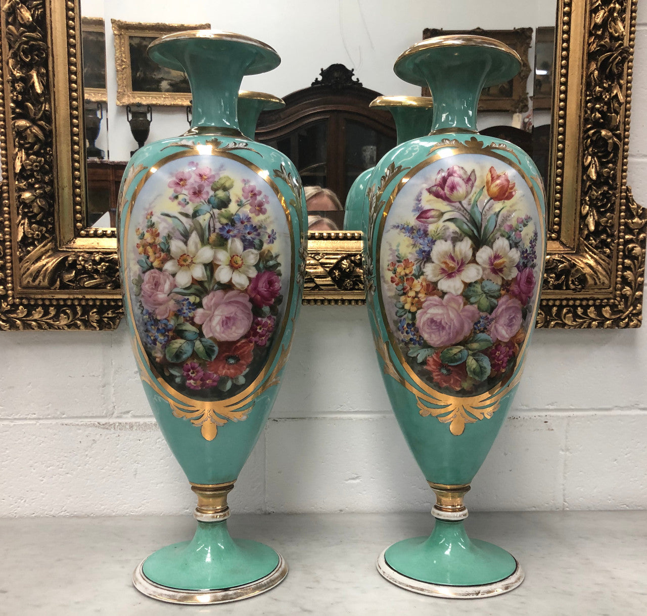 Pair of Antique French Limoges hand painted vases. Marked WG & Co (W Guerin & Co France Limoges) Circa 1900.