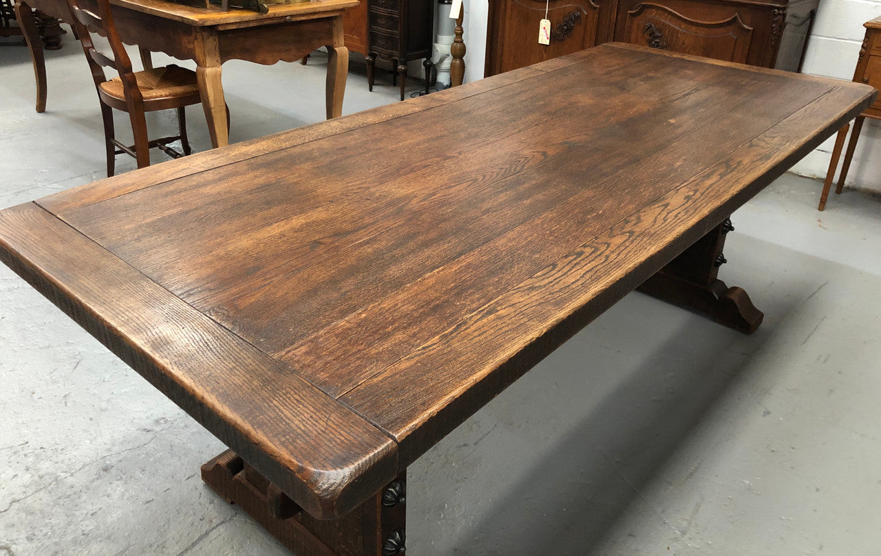 French Oak stretcher base Farmhouse dining table. In good original detailed condition.