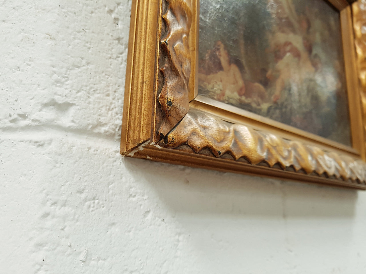 Antique Oleograph Of Romantic Scene In Original Gilt Frame