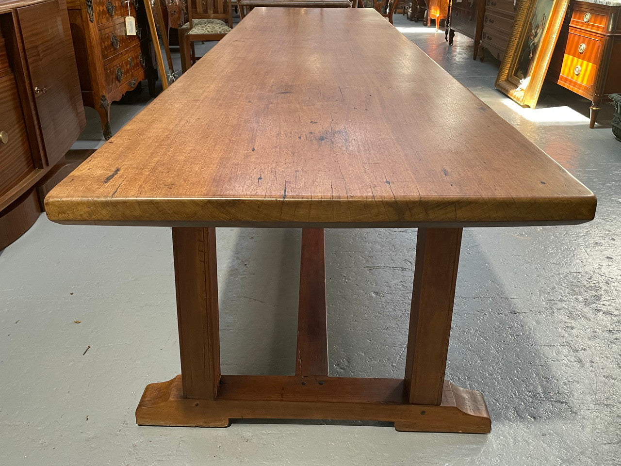 Rare 19th Century French Mahogany 3.1 m pedestal farmhouse table. It has an original wax finish and is in good original detailed condition.