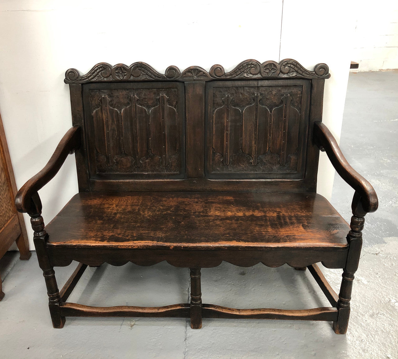 French 19th Century Oak hallway bench seat. Very comfortable to sit on and is in good original detailed condition.
