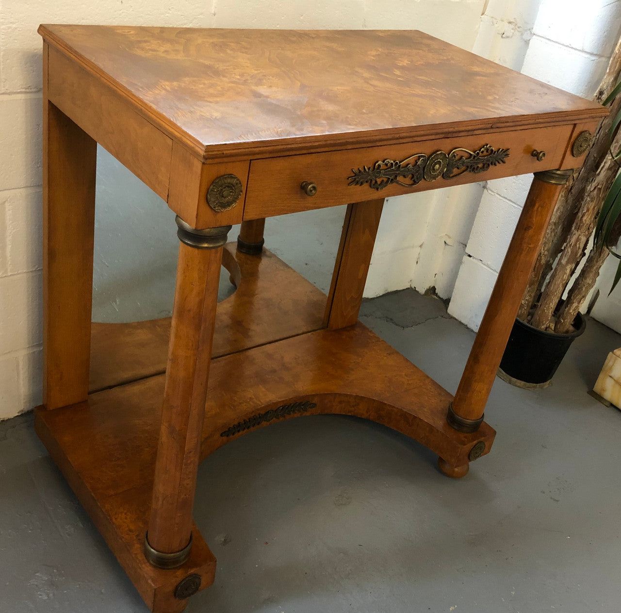 Art Deco Empire Style Console/Desk. It has a mirror underneath and a dawer. It could be used as a console table or as a small desk. In good restored condition.